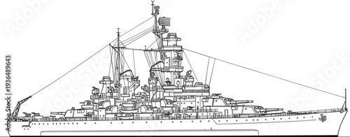 Detailed battleship line drawing, naval warship illustration, military engineering design, armed vessel blueprint, complex structure, maritime defense, historical ship concept