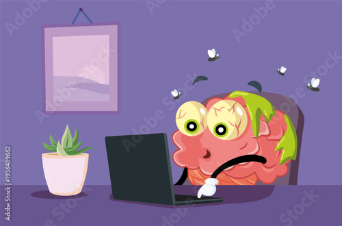 Funny Brain Suffering from Brainrot Online Vector Illustration. Procrastinating mind enduring digital decay while doom scrolling online 