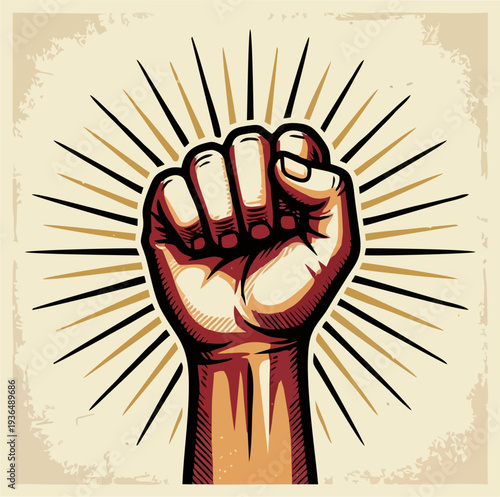 Vintage Grunge Raised Fist Revolution Retro Propaganda Poster Vector Illustration