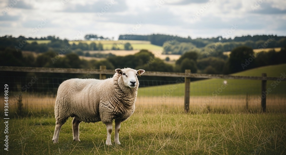 Obraz premium Majestic Sheep Standing Alone in a Lush Green Pasture.