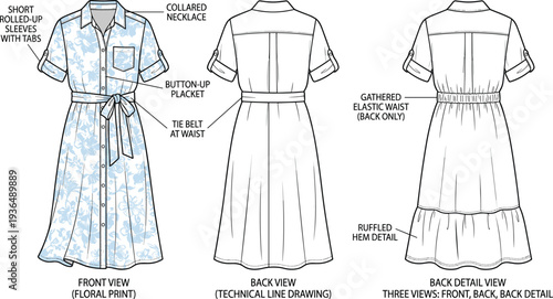 Floral print dress illustration, fashion design sketch, technical garment drawing, short rolled sleeves, collared neckline, tie belt waist, ruffled hem