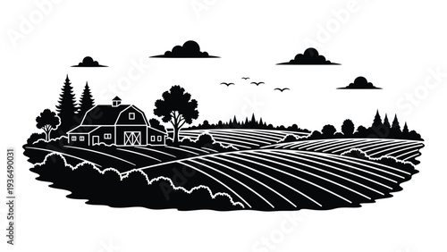 A black and white drawing of a farm with a house and trees
