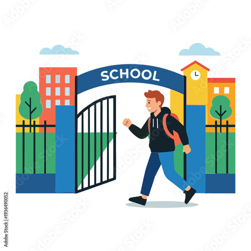 Student walking through school gate on campus grounds towards education
