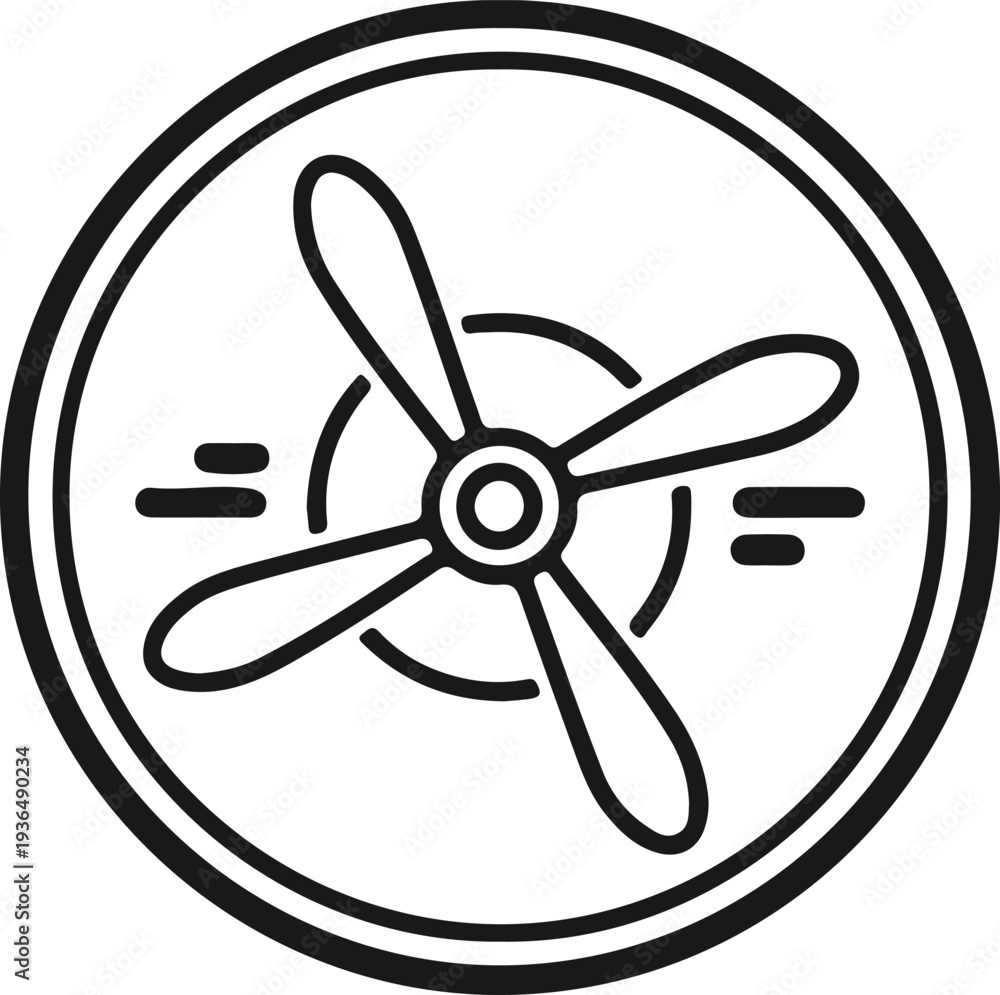 Fototapeta premium Outline vector illustration of a three bladed propeller inside a circle with motion lines