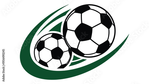 Two soccer balls in motion with green swoosh