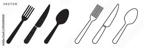 Fork, knife and spoon icon set, Dining silverware Silhouette, Tableware set flat style, Vector illustration