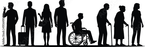 diverse people silhouettes including wheelchair user and elderly with cane, inclusivity accessibility society diversity vector illustration concept