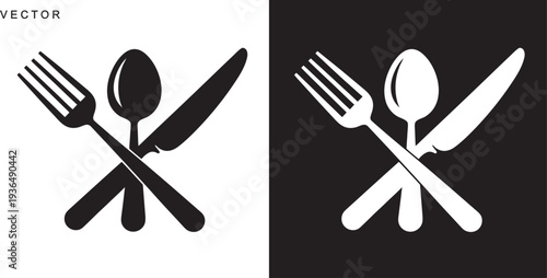 Fork, knife and spoon icon set, Dining silverware Silhouette, Tableware set flat style, Vector illustration