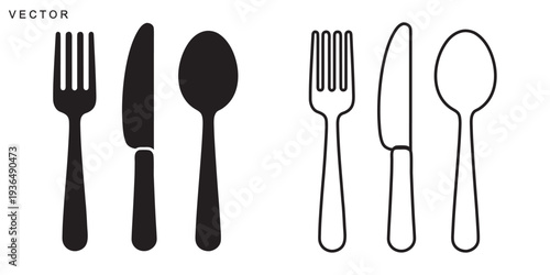 Fork, knife and spoon icon set, Dining silverware Silhouette, Tableware set flat style, Vector illustration