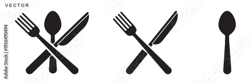 Fork, knife and spoon icon set, Dining silverware Silhouette, Tableware set flat style, Vector illustration