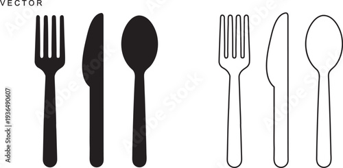 Fork, knife and spoon icon set, Dining silverware Silhouette, Tableware set flat style, Vector illustration