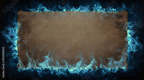 Dark fantasy background with fire framing empty rectangular parchment