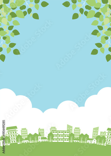 初夏の近郊街並み背景、かわいい、シンプル、イラスト、縦