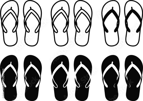 flip flops sandals icon set, summer beach footwear casual rubber slippers vector illustration collection