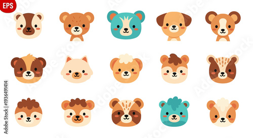 Collection of adorable cartoon animal faces cute bear dog and other friendly creatures