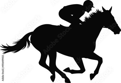 Silhouette of jockey riding galloping horse, dynamic motion, speed, racing sport, equestrian athlete, vector illustration, competitive horse racing scene