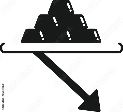 Stack of gold bullion bars with downward arrow showing financial market crash and economic recession impact concept