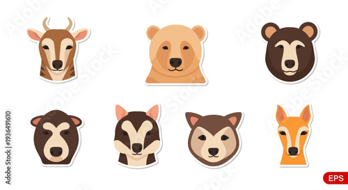Set of various cartoon animal faces bear deer wolf and other wildlife