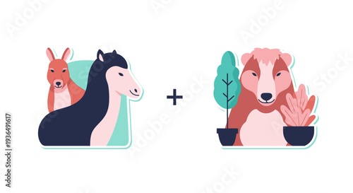 Stylized illustration of animals in cartoon style with plants and decoration