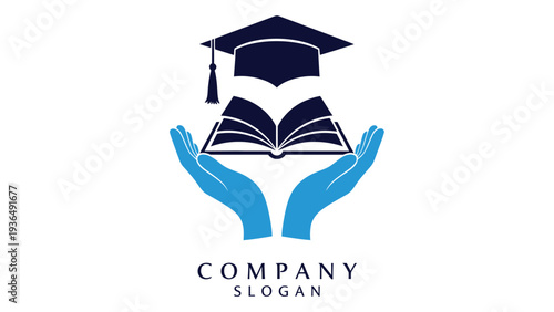 A logo for an educational company with a graduation cap and open book