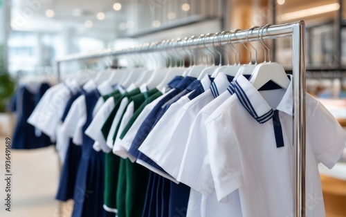 Modern Uniforms Displayed on Hangers in Stylish Clothing Store Interior