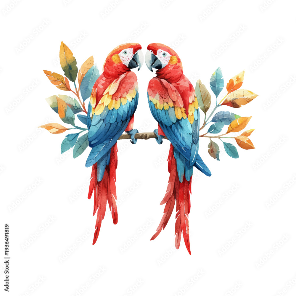 Obraz premium couple macaw parrot with tropical leaves hand drawn vector illustration