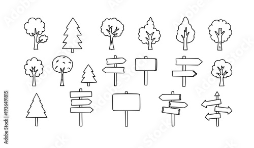Cute hand drawn doodle tree road signs and arrows vector illustration set