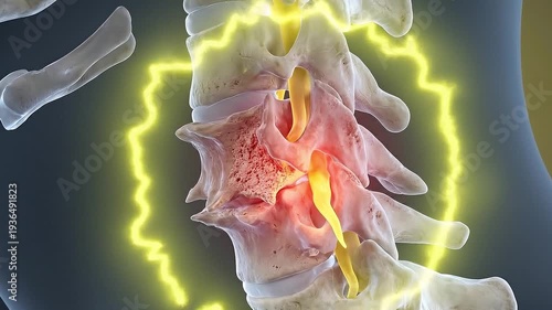 Joint anatomy cartilage wear spine pain illustration medical concept with glowing neural nerve vertebrae injury and 3D neck joint anatomy showing cervical spine cartilage wear and spinal vertebrae