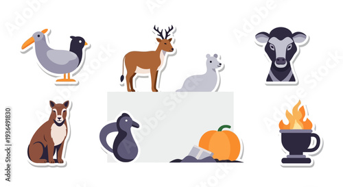 Collection of isolated vector illustrations of animals and objects