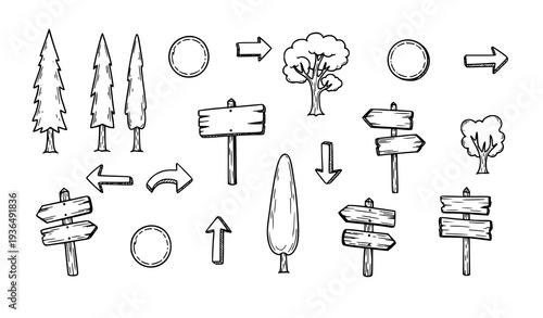 Doodle tree and road signs icon set hand drawn arrows sketch vector illustration