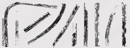 Black tire track marks isolated on white background. Curve racing tread pattern realistic vector illustration set. Car or motorcycle wheel skid traces texture
