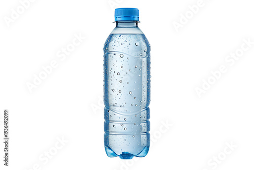 Refreshing plastic bottle full of clear drinking water with condensation and blue cap isolated on transparent background