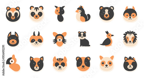 Collection of flat cartoon animal face icons in orange black and beige colors