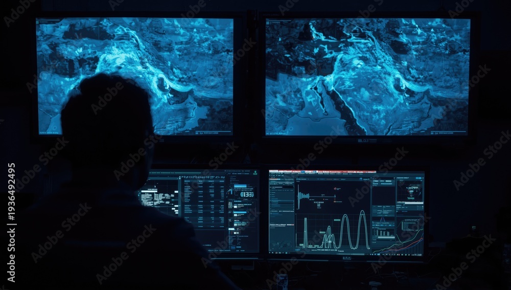 Fototapeta premium Modern Security Operations Center: Multi-Screen Surveillance Room with Operators Monitoring Global Data and Satellite Maps