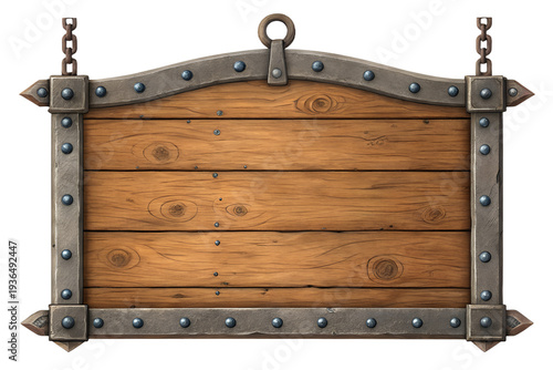 This charming rustic wooden sign, framed by a decorative aged metal border, featuring sturdy blue rivets, is hanging by durable chains, perfect for medieval or fantasy game design elements on transpar