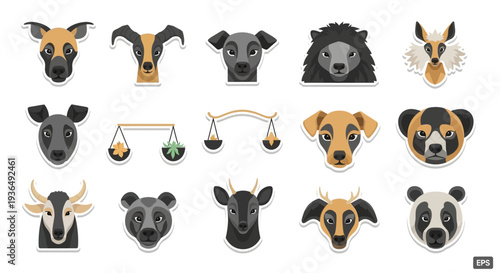 Set of animal face illustrations dog bear and other cartoon portraits