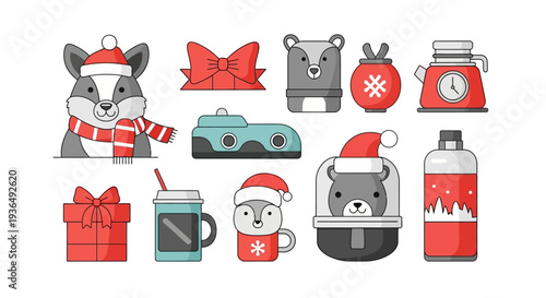 Festive holiday illustrations adorable animal characters and gift box elements