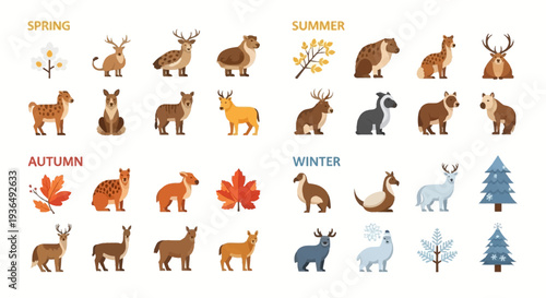 Illustrated seasonal wildlife and flora deer bears trees and seasonal changes
