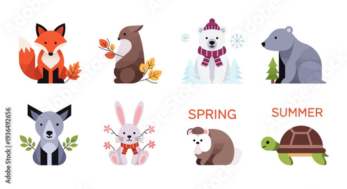 Illustrated animals depicting seasonal changes fox bear rabbit and more