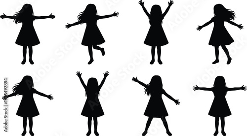 Girl silhouette joyful poses, expressive child illustration, dancing jumping gestures, playful movement design, body language concept, animation figure, dynamic activity