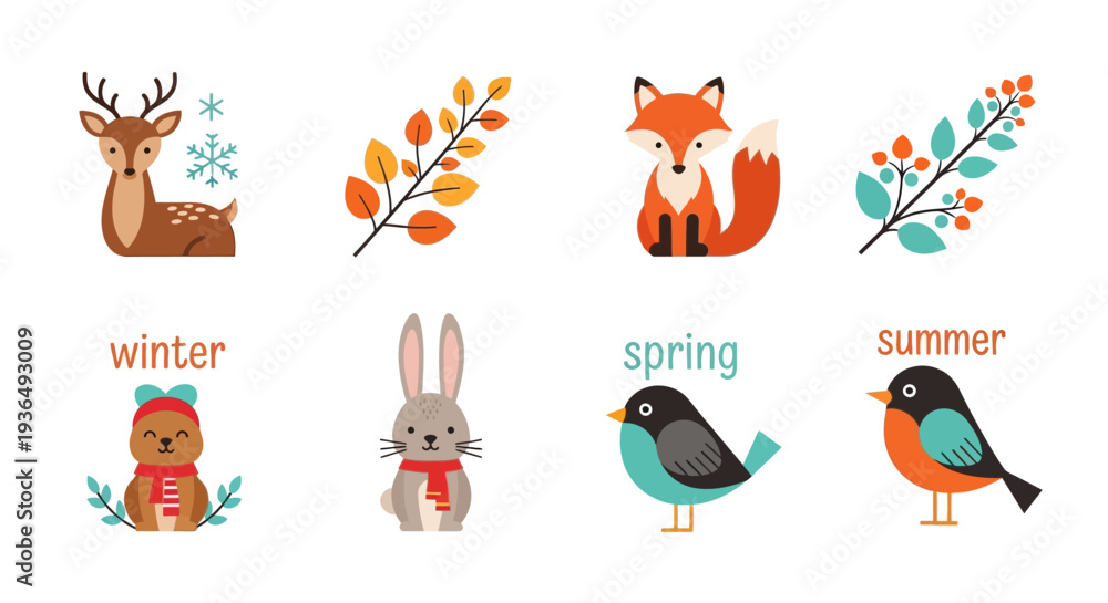 Obraz premium Seasonal illustrations deer fox rabbit and bird with decorative foliage