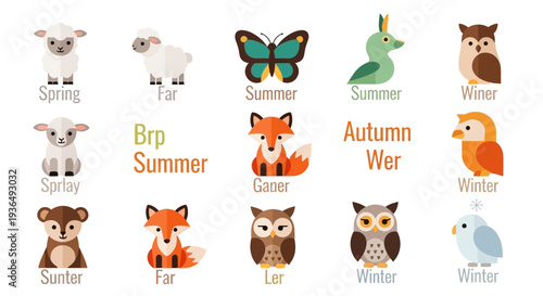Cute cartoon animals and seasons illustration spring summer autumn and winter
