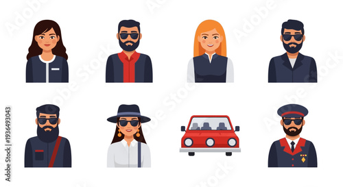 Diverse collection of illustrated people and a red car isolated on white