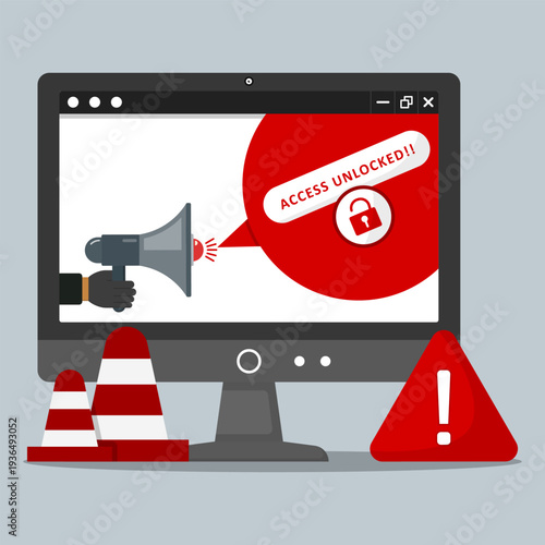 Computer security alert showing access unlocked warning with megaphone and caution symbols, representing hacking, data breach, cybersecurity risk, and unauthorized system access.