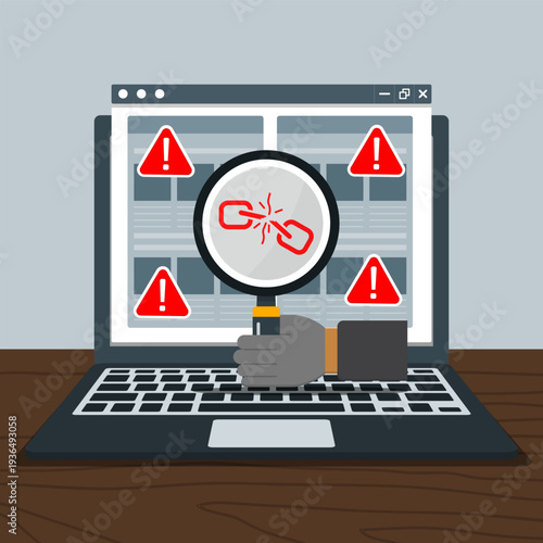 Laptop screen showing broken link detection with warning alerts and magnifying glass, representing cybersecurity analysis, malware threat, phishing risk, and internet security monitoring.