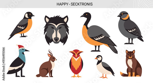 Cartoon animal set various birds and mammals in a flat illustrated style