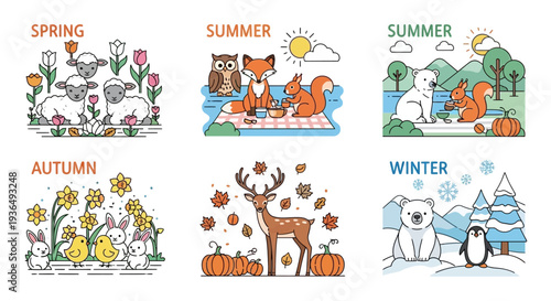 Illustrated seasonal scenes spring lambs summer foxes autumn deer winter penguin