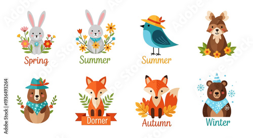 Cute seasonal illustrations featuring rabbits birds bears and foxes