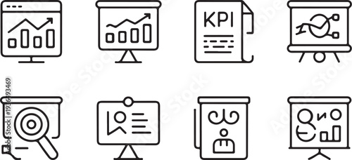 Professional data visualization and kpi reporting icons featuring charts graphs digital monitors documents and magnifying glass symbols for business analytics on grid background set