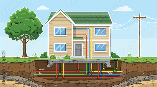 House utility connections illustration, underground pipelines design, sewer gas water systems, residential infrastructure diagram, energy supply network, modern living utilities